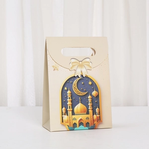 Elegant Eid Mubarak kraft paper gift bag with crescent moon and mosque illustration