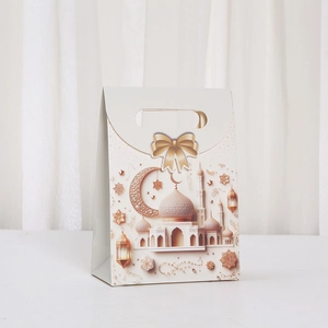 Elegant Eid Moon festival gift bag with mosque and crescent star pattern in cream white