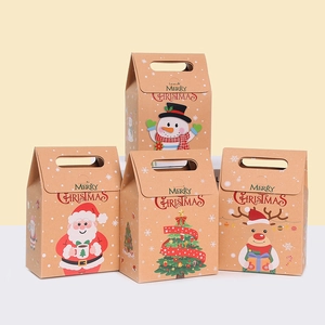 Christmas Kraft Paper Gift Boxes Cartoon Santa Snowman Reindeer Tree Candy Packaging Box With Handle For Xmas Party Holiday Favor