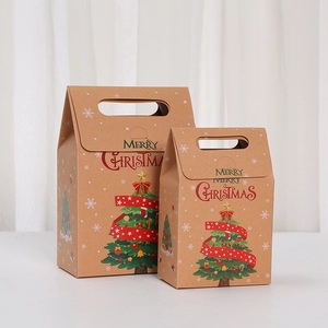 Brown kraft paper Christmas gift bags with green tree pattern and Merry Christmas text