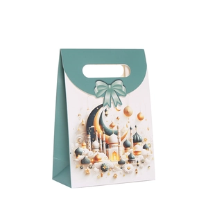 Mint green Eid Ramadan gift bag with gold moon and mosque illustrations for festive parties