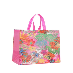 Floral shopping bag with tropical hibiscus and monstera print in vibrant magenta finish