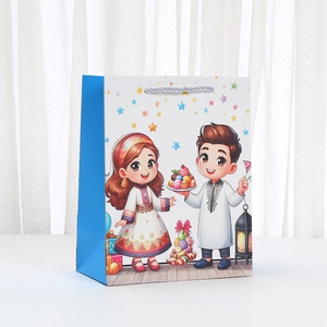 Eid Moon Festival gift bag with cartoon characters and blue accents for festive packaging