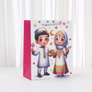 Cartoon Middle East festival gift bag with crescent moon and star illustrations