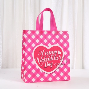 Sac cadeau rose à carreaux pour la Saint-Valentin avec un cœur rouge et poignées solides