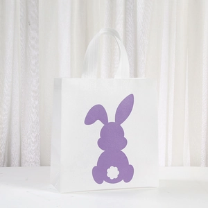 White Easter non-woven tote bag featuring a purple bunny silhouette with floral tail detail