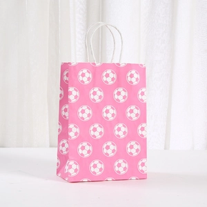 Football Print Kraft Paper Gift Bag Pink Handbag With Handle For Birthday Party Holiday Favor Candy Packing Bag