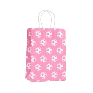 Sac cadeau en papier kraft rose avec motif football et poignées en corde torsadée blanche