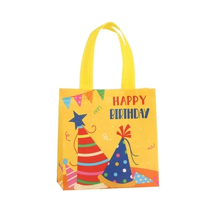 Yellow Happy Birthday non-woven gift bag with colorful party hat and ribbon prints