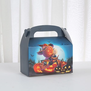 Halloween portable cake box featuring blue pumpkin and black cat cartoon illustrations