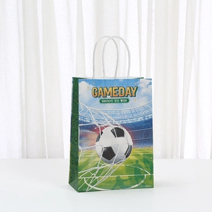 Soccer themed kraft paper gift bag with Shoot to Win print and white rope handles