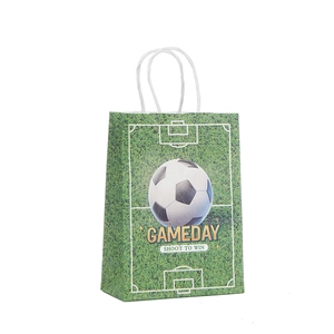 Minimalist kraft paper gift bag with soccer grass print and white twisted rope handle