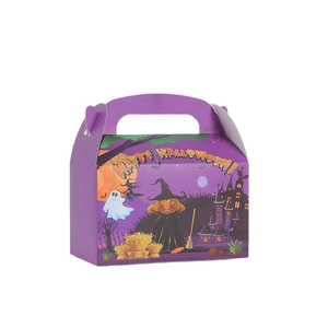 Purple Halloween gift box with pumpkin and ghost prints, featuring a convenient handle