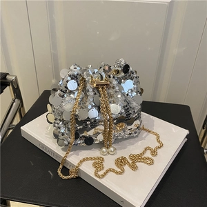 Sequin Bucket Bag Fashionable Metallic Glitter Handbag With Gold Chain Strap And Artificial Pearl Charm Party Crossbody Bag For Women
