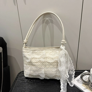 White lace layered shoulder bag with a silk scarf ribbon detail for women's summer style