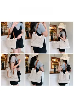 Dettagli di una borsa tote intrecciata beige con manici in pelle marrone e fodera interna