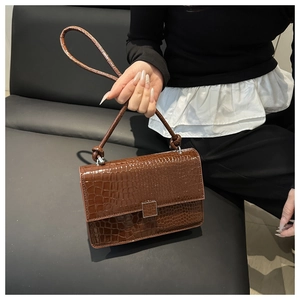 Detail of brown crocodile pattern handbag with silver metal buckle and knotted strap