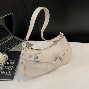 Women's Y2K Punk Underarm Bag Shiny PU Leather Crescent Shoulder Bag With Metal Buckle Grommet Urban Minimalist Handbag