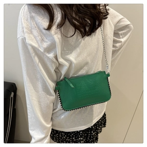 Detail of green croc-embossed mini bag with silver bead trim and metallic chain strap