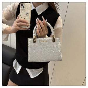 Chic silver textured handbag with metallic finish and braided handle shown on a model
