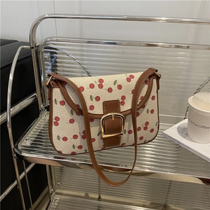 Vintage Cherry Print Canvas Shoulder Bag For Women Contrast Color Synthetic Leather Underarm Handbag With Metal Buckle