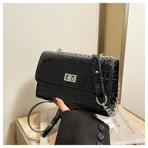 Detail of black crocodile pattern leather bag with polished silver clasp and chain strap