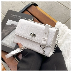 Detail of white crocodile pattern PU leather bag with silver chain and metal clasp