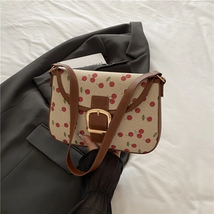 Sac à Épaule en Nylon Imprimé Cerise Garniture en Cuir Contrasté Boucle Métallique Sac Sous le Bras Rétro pour Femme Mode Travail