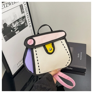Detail of 2D cartoon canvas bag with bold outlines, pink handle and metal chain strap