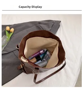 Internal view of dark brown tote bag showing spacious capacity for daily cosmetics