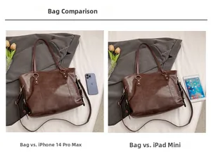 Brown tote bag size comparison with tablet and smartphone showing large capacity
