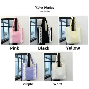 Bolsos tote de lona con encaje en colores rosa, negro, amarillo, púrpura y blanco