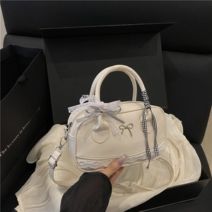 Women Sweet Balletcore Boston Bag PU Leather Lace Bow Decoration Shoulder Handbag Trendy Korean Style Fashion Crossbody Bag