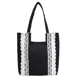 Sac fourre-tout noir en toile minimaliste avec dentelle au crochet blanche sur les côtés