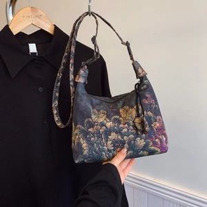 Women Chinese Style Crescent Bag Nylon Floral Print Small Shoulder Bag Vintage Crossbody Handbag For Daily Travel Casual