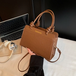 Women Fashion PU Leather Shoulder Bag Crocodile Pattern Top Handle Bag With Knot Detail Elegant Commuter Small Square Crossbody Bag