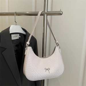 French Style Bow Design Woven Texture Shoulder Bag Women Underarm Bag Half Moon Hobo Bag PU Leather Trendy Fashion Handbag