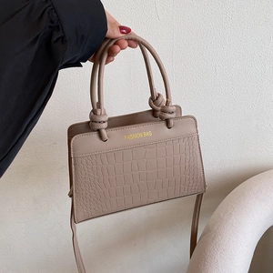 Minimalist khaki PU leather handbag with crocodile pattern and detachable shoulder strap