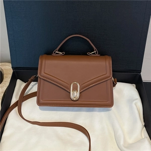 Minimalist dark brown crossbody bag with gold oval twist lock in a luxury gift box