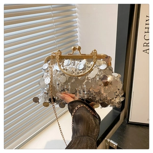 Detailed view of silver sequin evening bag with gold metal frame and ring handle