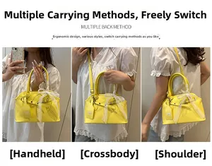Detailed views of yellow shell bag with lace bow showing handbag, shoulder and crossbody styles