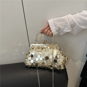 Sac de soirée élégant à paillettes dorées avec poignée en métal et bandoulière chaîne