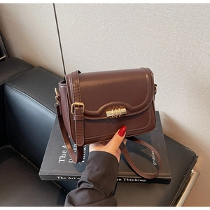 Detail of dark brown leather crossbody bag with elegant gold metal lock on a book