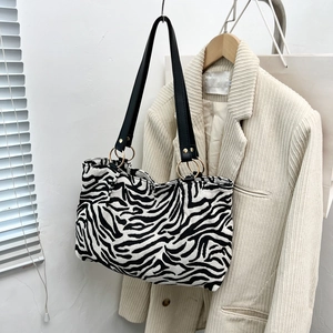 Women Leopard Zebra Print Canvas Tote Bag Large Capacity Shoulder Bag With Synthetic Leather Handles Gold Metal Ring Detail Handbag
