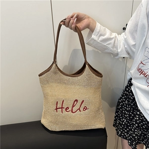 Casual Woven Straw Tote Bag With Hello Embroidery And PU Leather Handle Large Capacity Shoulder Beach Bag For Women
