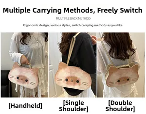 Detailed views of the cat-shaped tote bag showing handheld, shoulder, and backpack modes