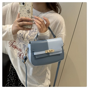 Close-up of a blue and white color-block handbag featuring a gold twist lock and strap