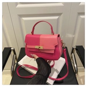 Detail of pink color-block saddle bag with golden metal twist lock and top handle