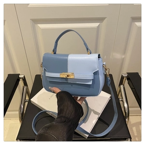Close-up of color-block saddle bag with gold metal twist lock and blue leather panels