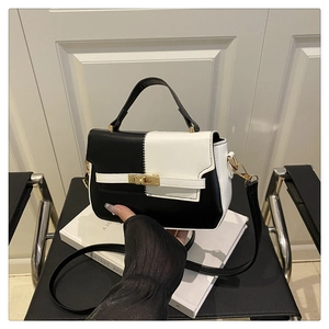 Detailed close-up of a two-tone black and white saddle bag with golden metal swivel lock